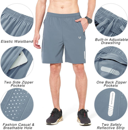 Men's Athletic Running Shorts Gym Workout 7"/9"/5" Quick Dry Lightweight Sports Basketball Tennis 3 Zipper Pockets