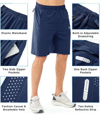 Men's Athletic Running Shorts Gym Workout 7"/9"/5" Quick Dry Lightweight Sports Basketball Tennis 3 Zipper Pockets