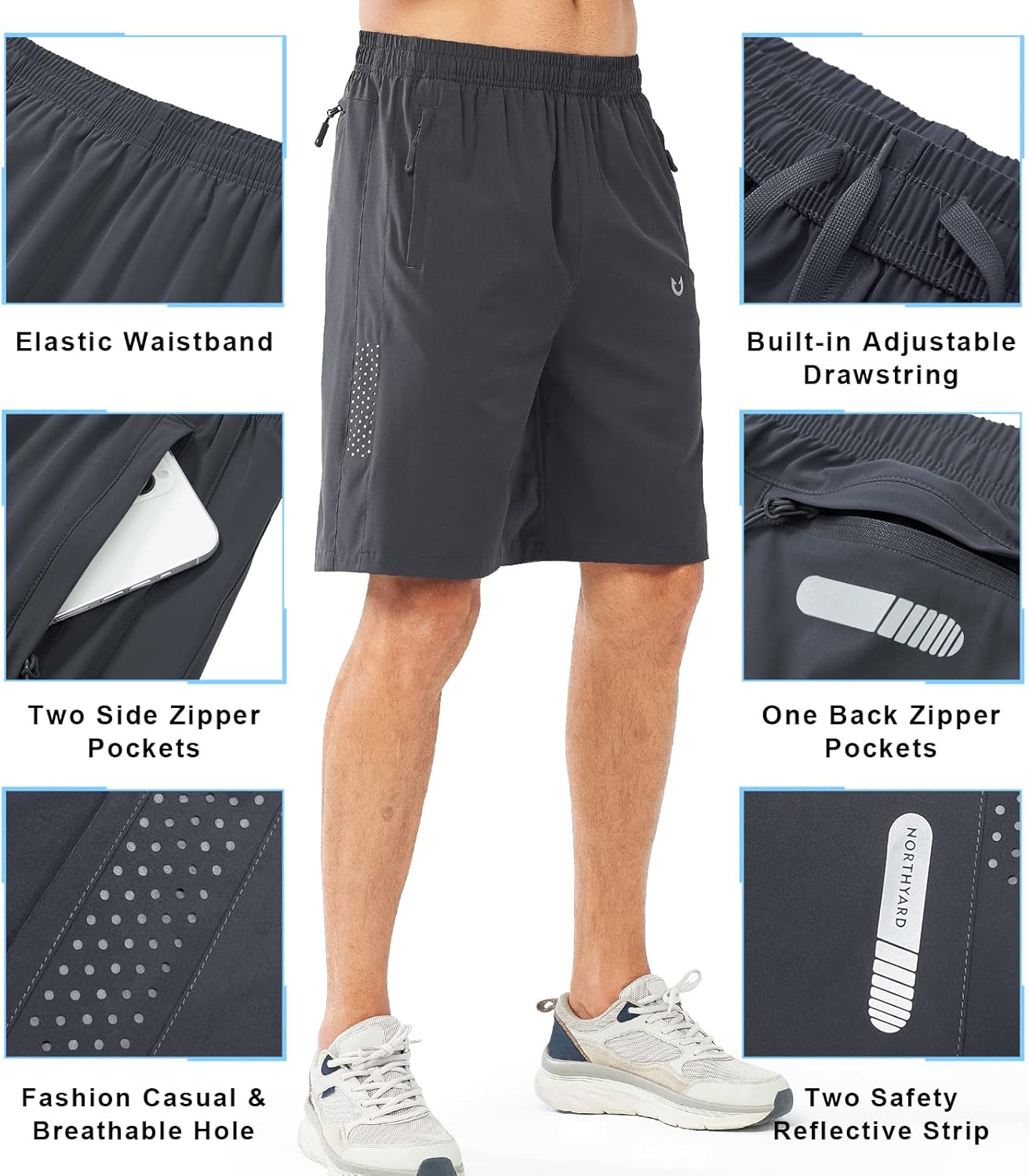Men's Athletic Running Shorts Gym Workout 7"/9"/5" Quick Dry Lightweight Sports Basketball Tennis 3 Zipper Pockets