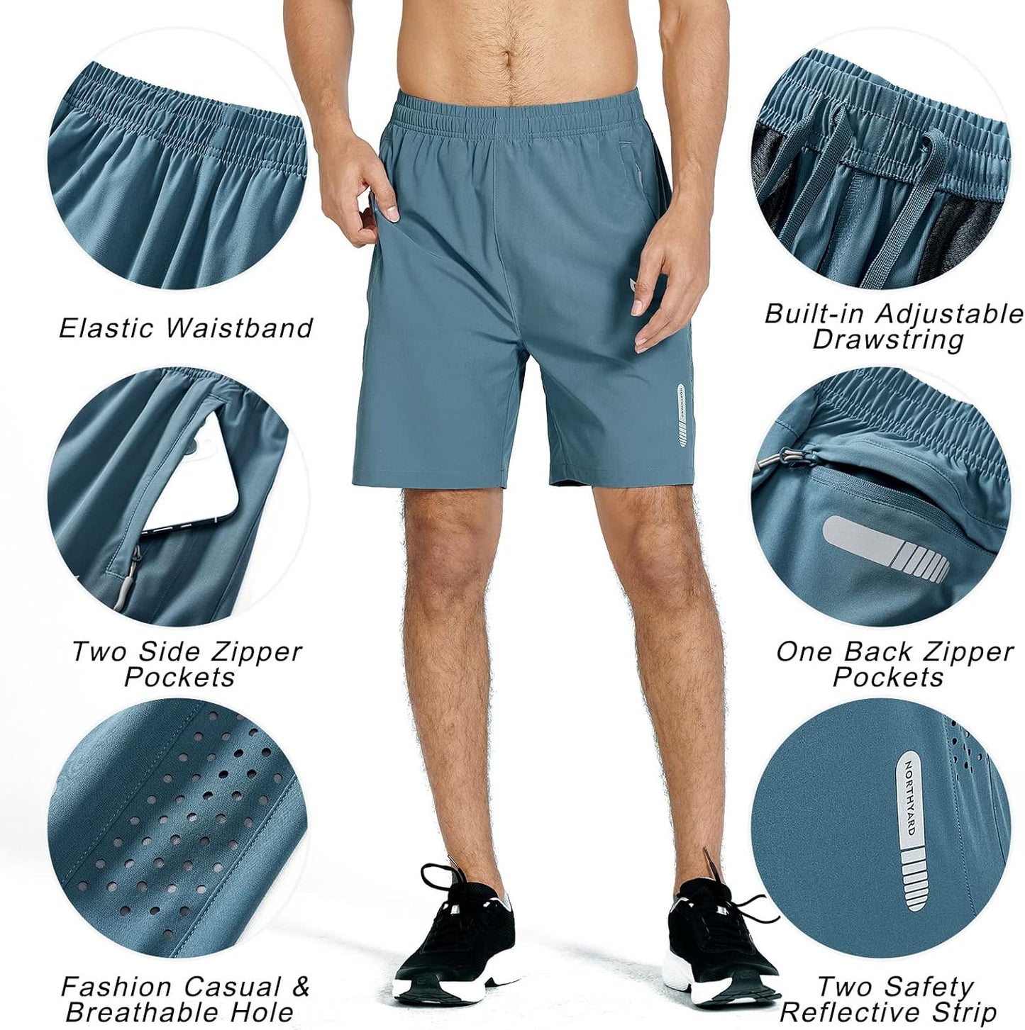 Men's Athletic Running Shorts Gym Workout 7"/9"/5" Quick Dry Lightweight Sports Basketball Tennis 3 Zipper Pockets
