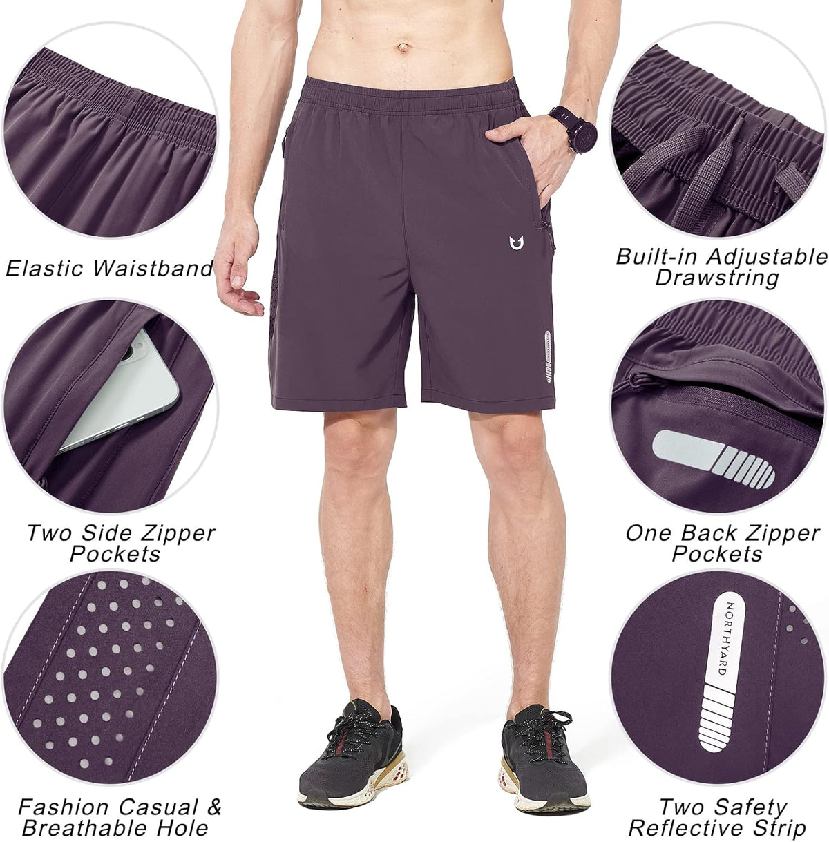 Men's Athletic Running Shorts Gym Workout 7"/9"/5" Quick Dry Lightweight Sports Basketball Tennis 3 Zipper Pockets