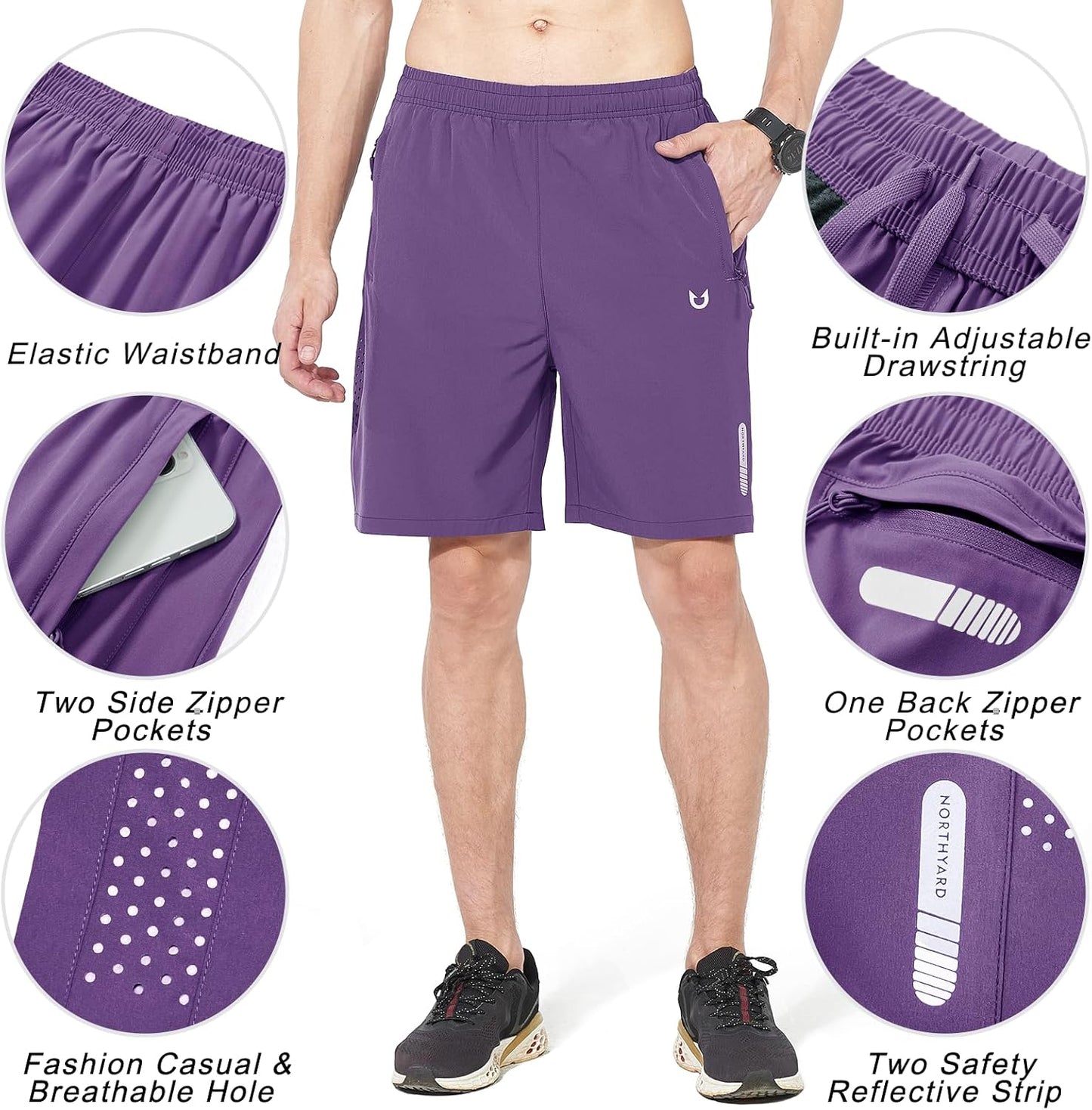 Men's Athletic Running Shorts Gym Workout 7"/9"/5" Quick Dry Lightweight Sports Basketball Tennis 3 Zipper Pockets
