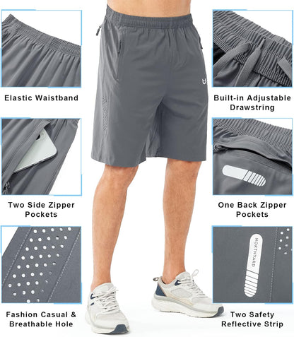 Men's Athletic Running Shorts Gym Workout 7"/9"/5" Quick Dry Lightweight Sports Basketball Tennis 3 Zipper Pockets