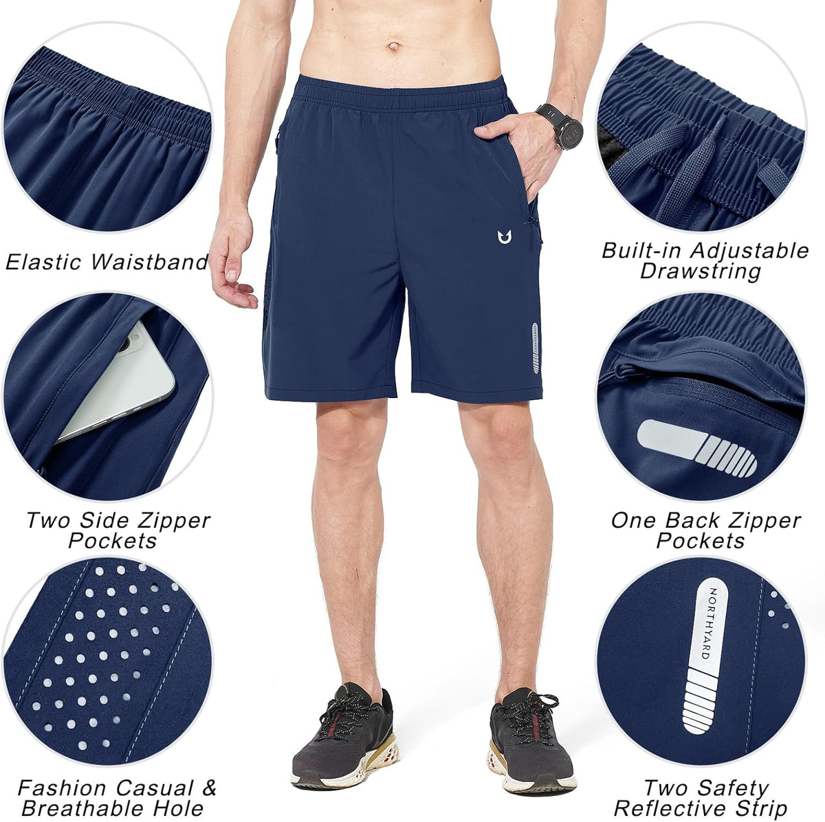 Men's Athletic Running Shorts Gym Workout 7"/9"/5" Quick Dry Lightweight Sports Basketball Tennis 3 Zipper Pockets