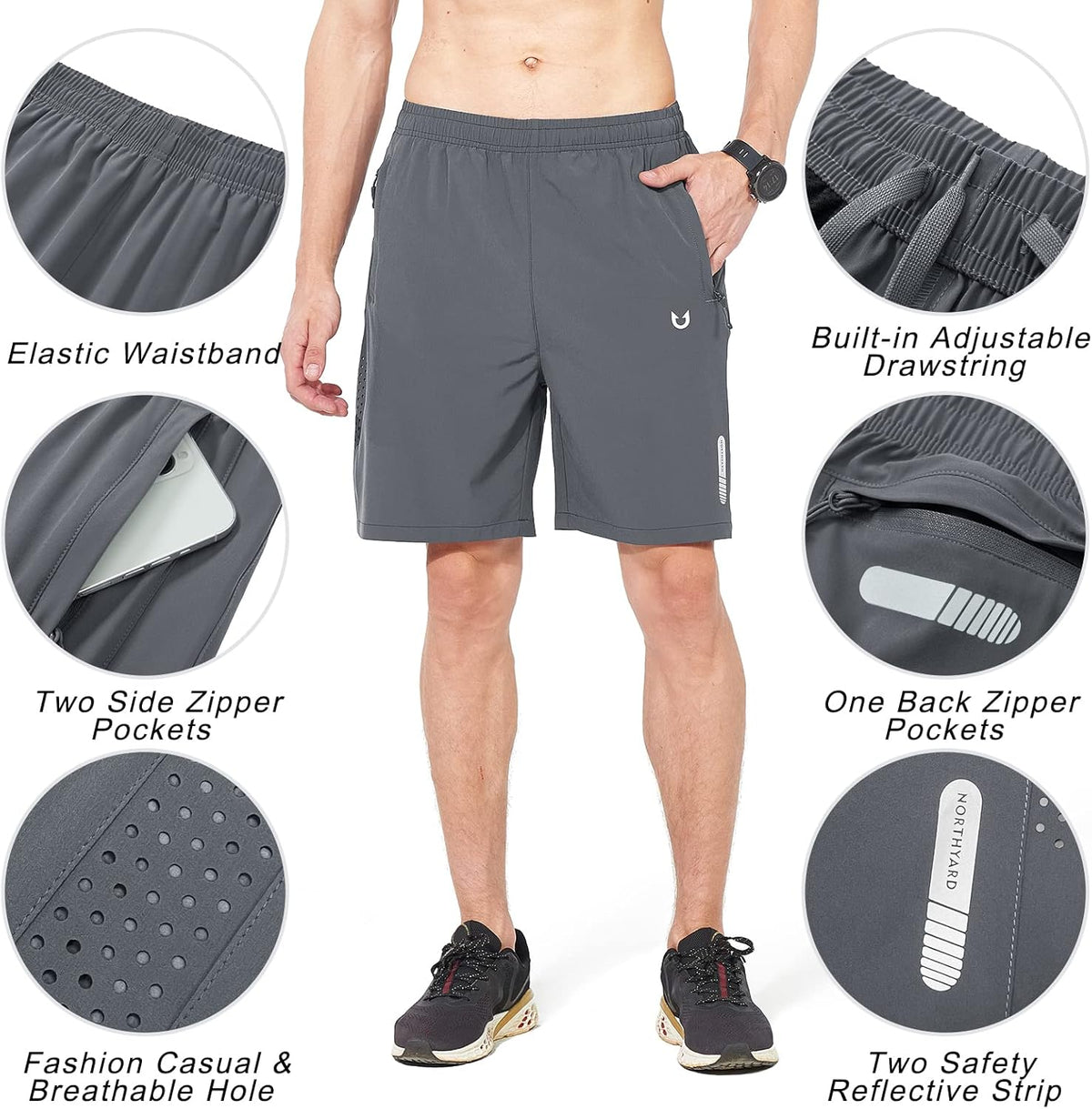 Men's Athletic Running Shorts Gym Workout 7"/9"/5" Quick Dry Lightweight Sports Basketball Tennis 3 Zipper Pockets