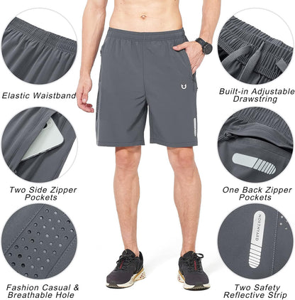 Men's Athletic Running Shorts Gym Workout 7"/9"/5" Quick Dry Lightweight Sports Basketball Tennis 3 Zipper Pockets