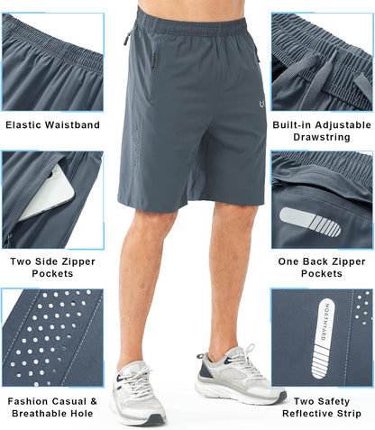 Men's Athletic Running Shorts Gym Workout 7"/9"/5" Quick Dry Lightweight Sports Basketball Tennis 3 Zipper Pockets