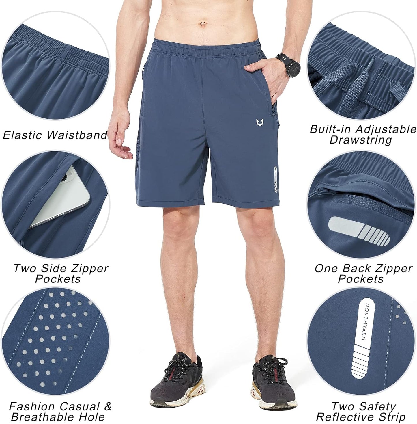Men's Athletic Running Shorts Gym Workout 7"/9"/5" Quick Dry Lightweight Sports Basketball Tennis 3 Zipper Pockets