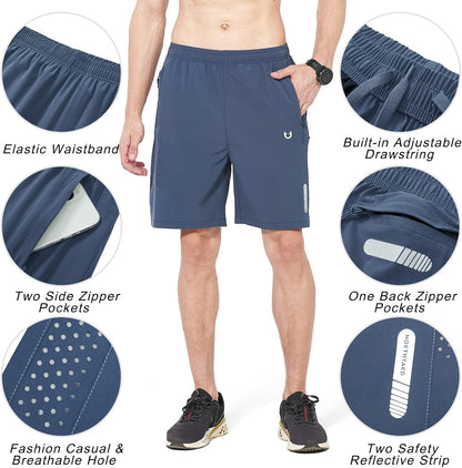 Men's Athletic Running Shorts Gym Workout 7"/9"/5" Quick Dry Lightweight Sports Basketball Tennis 3 Zipper Pockets
