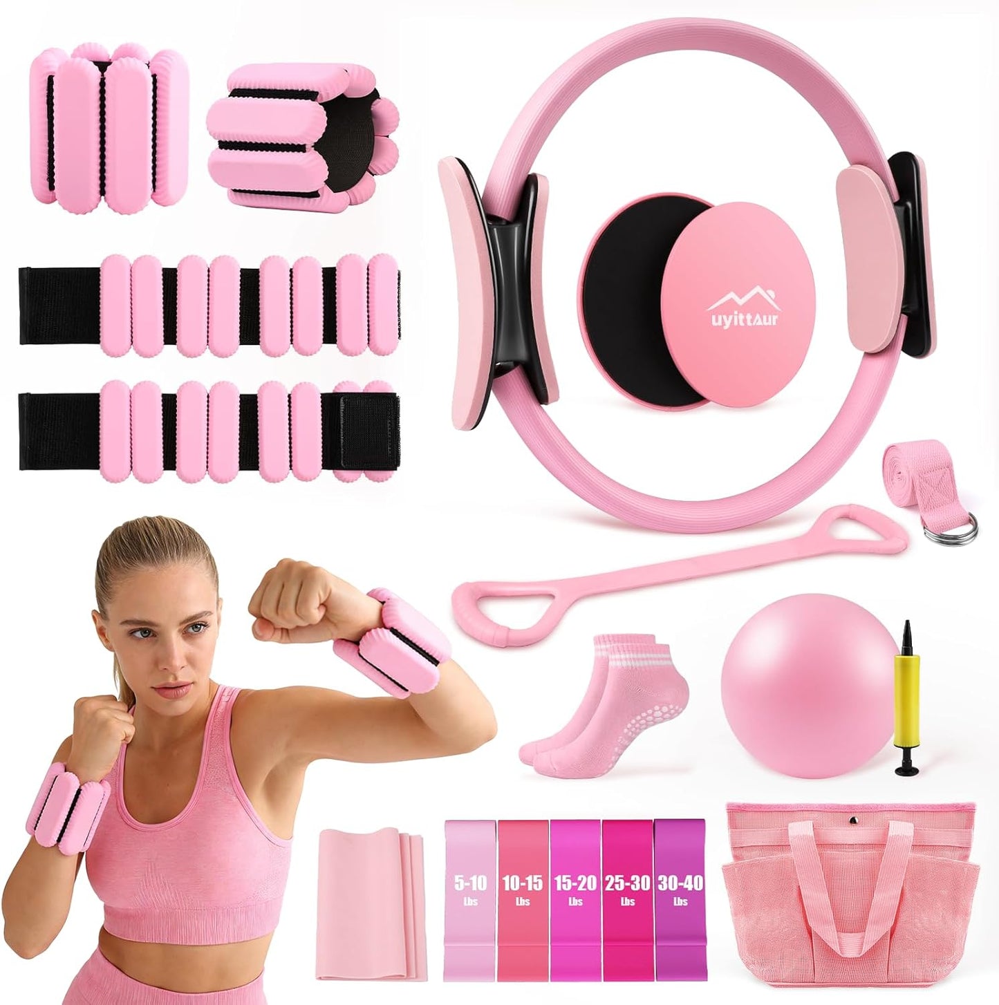 16PCS Pilates Kit, Home Pilates Workout Kit with Ankle Weights, Pilates Ring and Ball Set for Women, Pilates Equipment with Resistance Bands, Core Sliders & Socks for Starter Home Workouts
