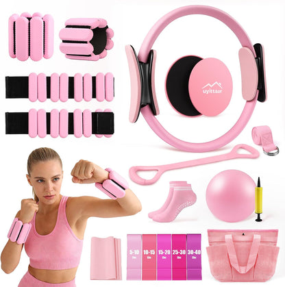 16PCS Pilates Kit, Home Pilates Workout Kit with Ankle Weights, Pilates Ring and Ball Set for Women, Pilates Equipment with Resistance Bands, Core Sliders & Socks for Starter Home Workouts