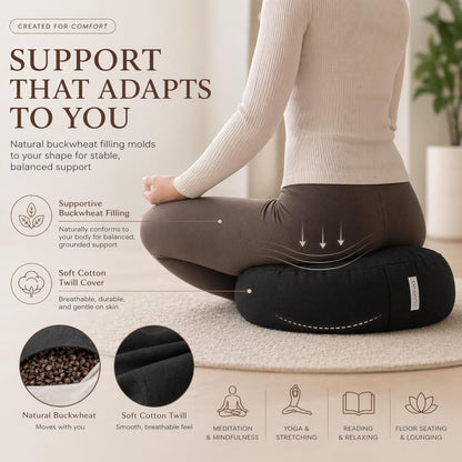 Meditation Cushion - 15" Buckwheat Pillow with Removable Cotton Cover and Carry Handle - Round Floor Cushion for Yoga, Meditation, Pilates, and Floor Sitting - Meditation Pillow by Cuvered