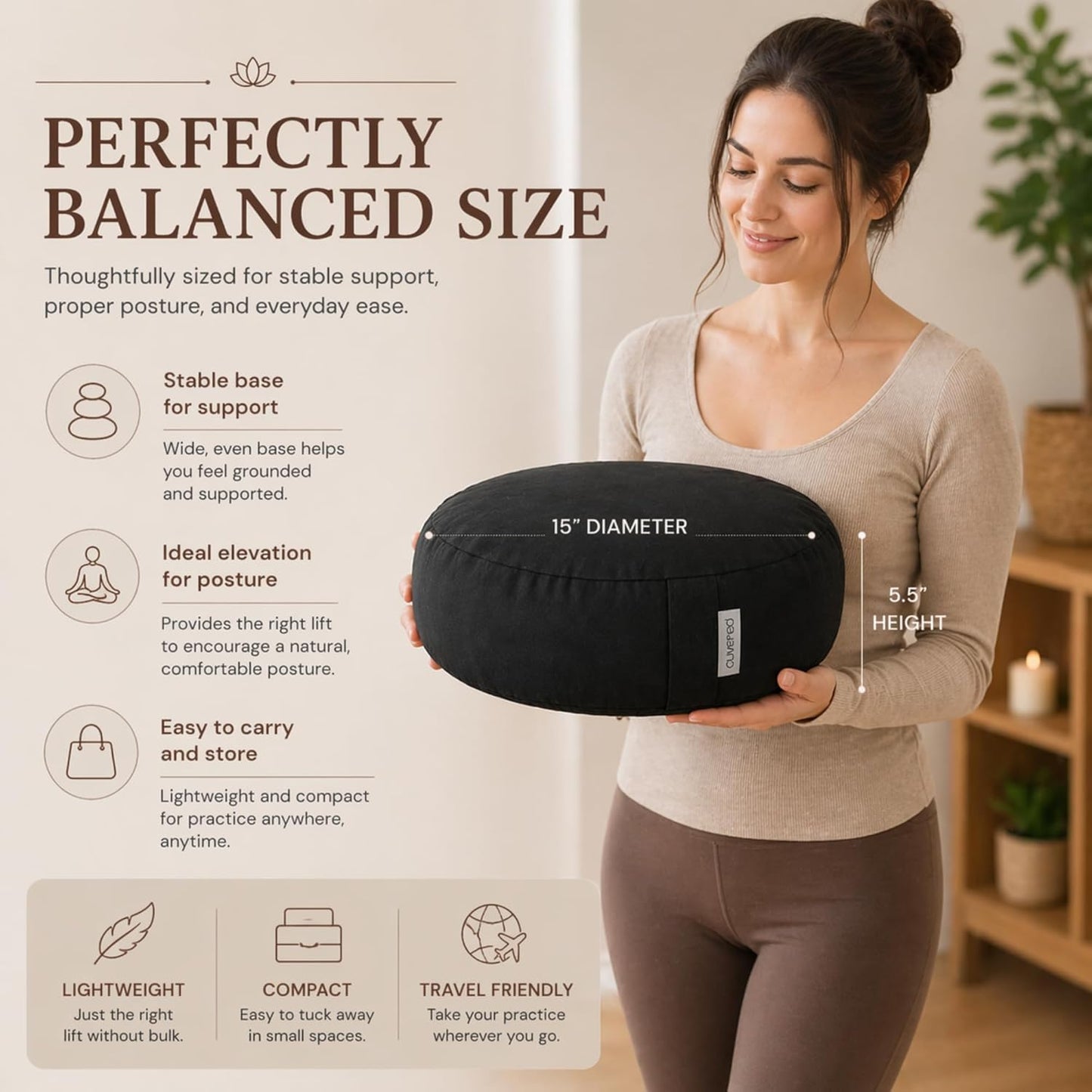 Meditation Cushion - 15" Buckwheat Pillow with Removable Cotton Cover and Carry Handle - Round Floor Cushion for Yoga, Meditation, Pilates, and Floor Sitting - Meditation Pillow by Cuvered