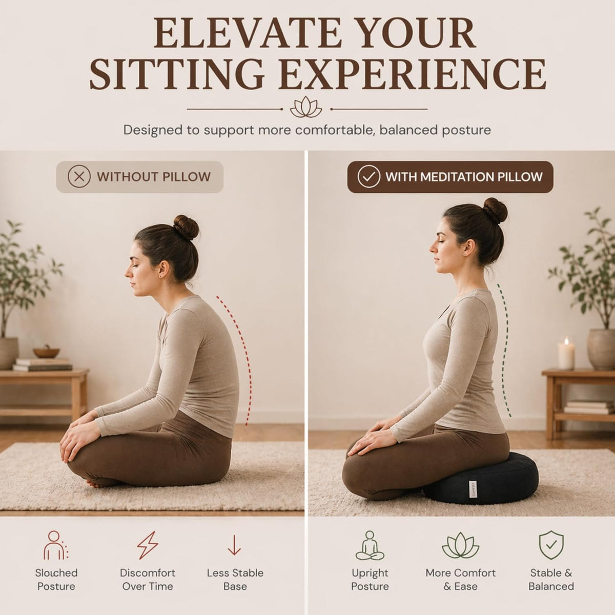 Meditation Cushion - 15" Buckwheat Pillow with Removable Cotton Cover and Carry Handle - Round Floor Cushion for Yoga, Meditation, Pilates, and Floor Sitting - Meditation Pillow by Cuvered