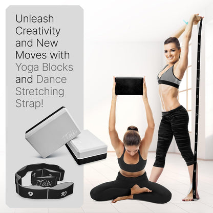 Yoga Blocks 2 Pack with Strap & Guide – Non-Slip EVA Foam Pilates Blocks for Home Workouts, Dance, Ballet, Gymnastics & Stretching Exercise | Ideal Dancer Gifts