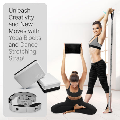 Yoga Blocks 2 Pack with Strap & Guide – Non-Slip EVA Foam Pilates Blocks for Home Workouts, Dance, Ballet, Gymnastics & Stretching Exercise | Ideal Dancer Gifts