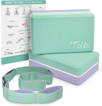 Yoga Blocks 2 Pack with Strap & Guide – Non-Slip EVA Foam Pilates Blocks for Home Workouts, Dance, Ballet, Gymnastics & Stretching Exercise | Ideal Dancer Gifts