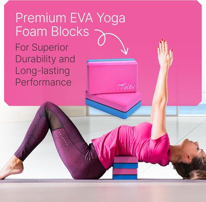 Yoga Blocks 2 Pack with Strap & Guide – Non-Slip EVA Foam Pilates Blocks for Home Workouts, Dance, Ballet, Gymnastics & Stretching Exercise | Ideal Dancer Gifts