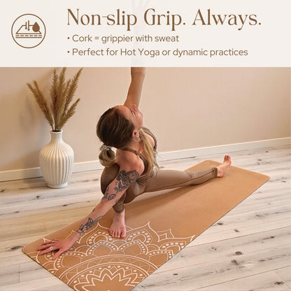 Designer Cork Yoga Mat – Signature Aesthetics on Quality Portuguese Cork with 5mm Solid Tree Rubber Base for Lasting Stability – Non Slip Grip, Odor Free and Non Toxic