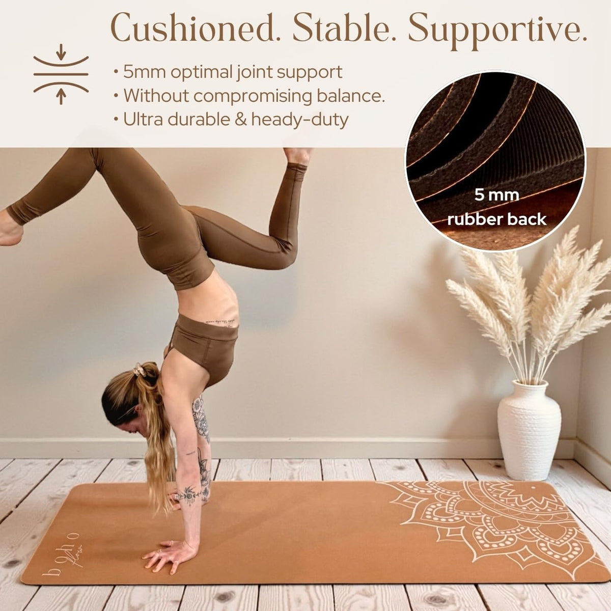 Designer Cork Yoga Mat – Signature Aesthetics on Quality Portuguese Cork with 5mm Solid Tree Rubber Base for Lasting Stability – Non Slip Grip, Odor Free and Non Toxic