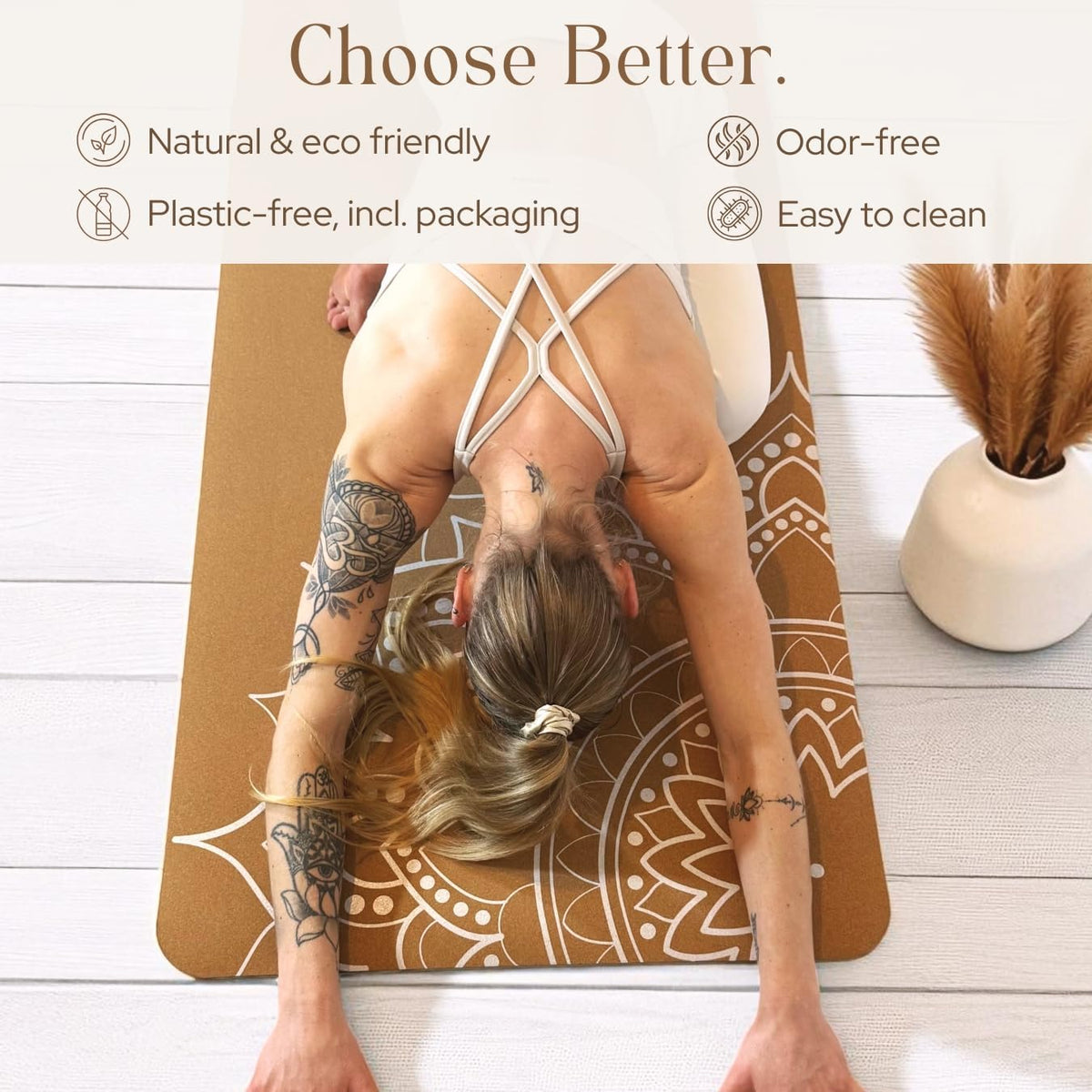 Designer Cork Yoga Mat – Signature Aesthetics on Quality Portuguese Cork with 5mm Solid Tree Rubber Base for Lasting Stability – Non Slip Grip, Odor Free and Non Toxic