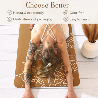 Designer Cork Yoga Mat – Signature Aesthetics on Quality Portuguese Cork with 5mm Solid Tree Rubber Base for Lasting Stability – Non Slip Grip, Odor Free and Non Toxic