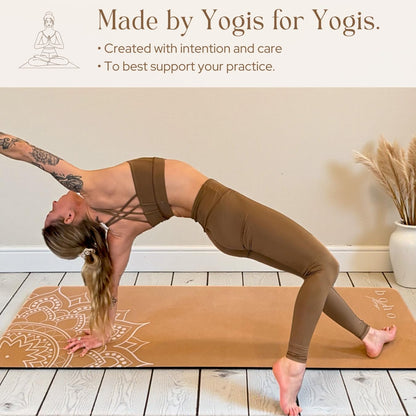 Designer Cork Yoga Mat – Signature Aesthetics on Quality Portuguese Cork with 5mm Solid Tree Rubber Base for Lasting Stability – Non Slip Grip, Odor Free and Non Toxic
