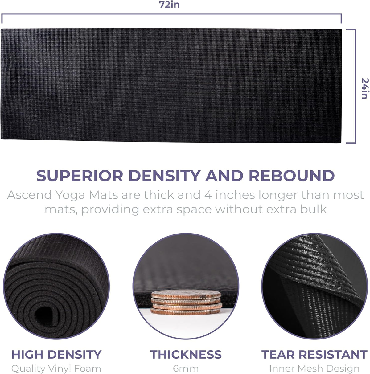 Ascend 6mm Thick Yoga Mat, 4 Pack, 72x24in | Premium Non Slip Exercise Mat for Pilates, Workout, Stretching, Fitness, Training - Gym Mat for Home and Studio