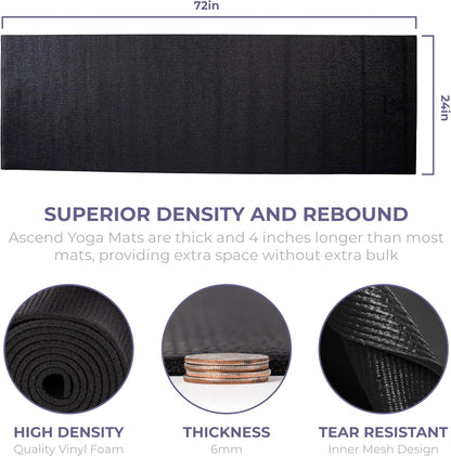 Ascend 6mm Thick Yoga Mat, 4 Pack, 72x24in | Premium Non Slip Exercise Mat for Pilates, Workout, Stretching, Fitness, Training - Gym Mat for Home and Studio
