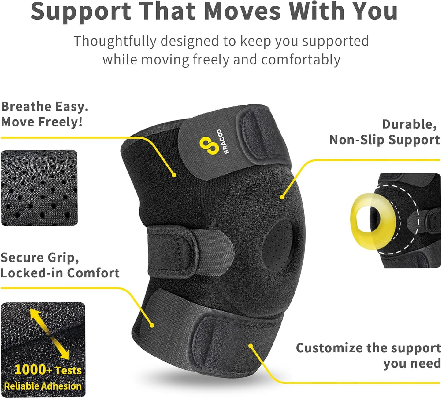 Knee Support Brace for Men Women, Adjustable Compression Sleeve Wrap Patellar Pad Tendon - Arthritis Pain, meniscus tear, Injury Recovery, Running, Workout, KS10