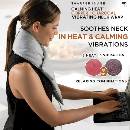 Neck Wrap by Sharper Image Copper & Charcoal Infused Personal Electric Neck Heating Pad with Vibrations, 3 Heat & 3 Vibration Settings- 9 Relaxing Combinations