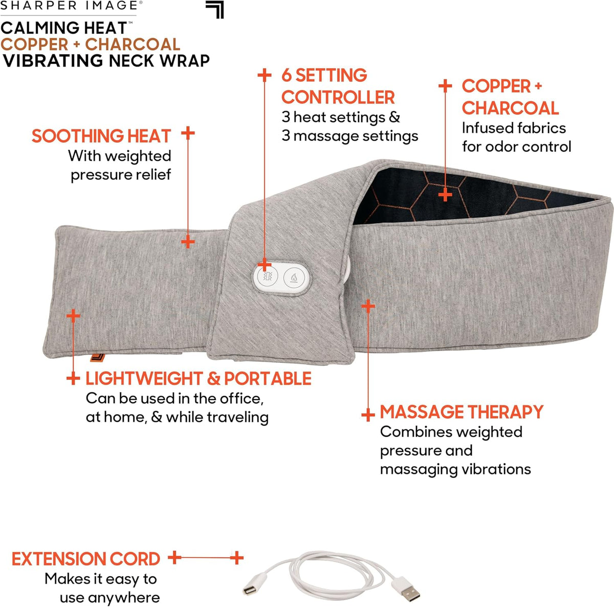 Neck Wrap by Sharper Image Copper & Charcoal Infused Personal Electric Neck Heating Pad with Vibrations, 3 Heat & 3 Vibration Settings- 9 Relaxing Combinations