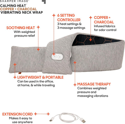 Neck Wrap by Sharper Image Copper & Charcoal Infused Personal Electric Neck Heating Pad with Vibrations, 3 Heat & 3 Vibration Settings- 9 Relaxing Combinations
