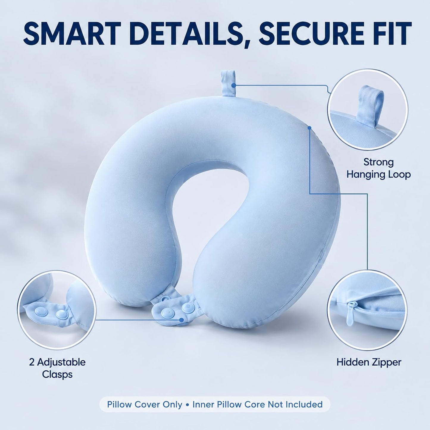 Cool Ice Silk Neck Pillow Cover, Double Snap, Fits U-Shaped Travel Pillows