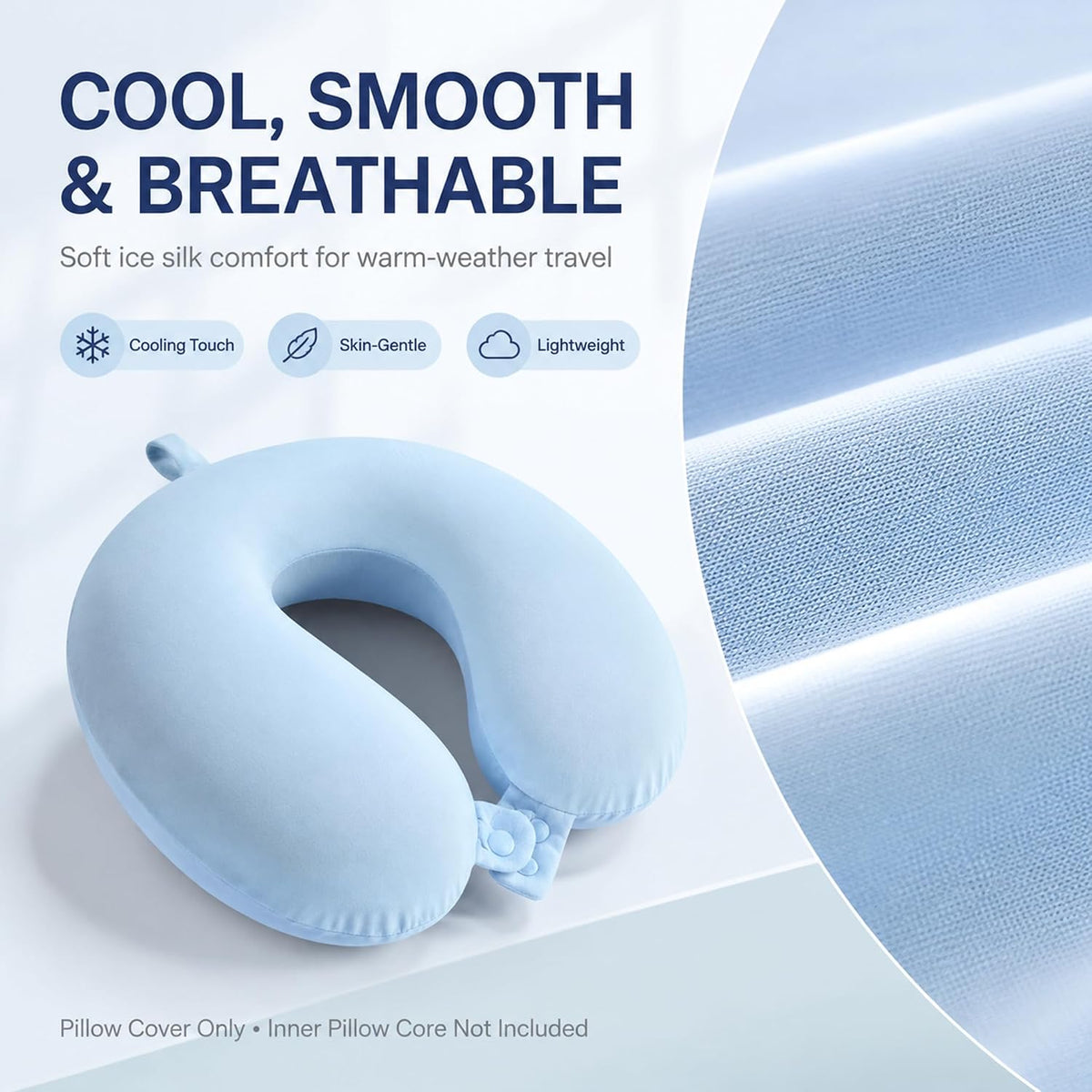 Cool Ice Silk Neck Pillow Cover, Double Snap, Fits U-Shaped Travel Pillows