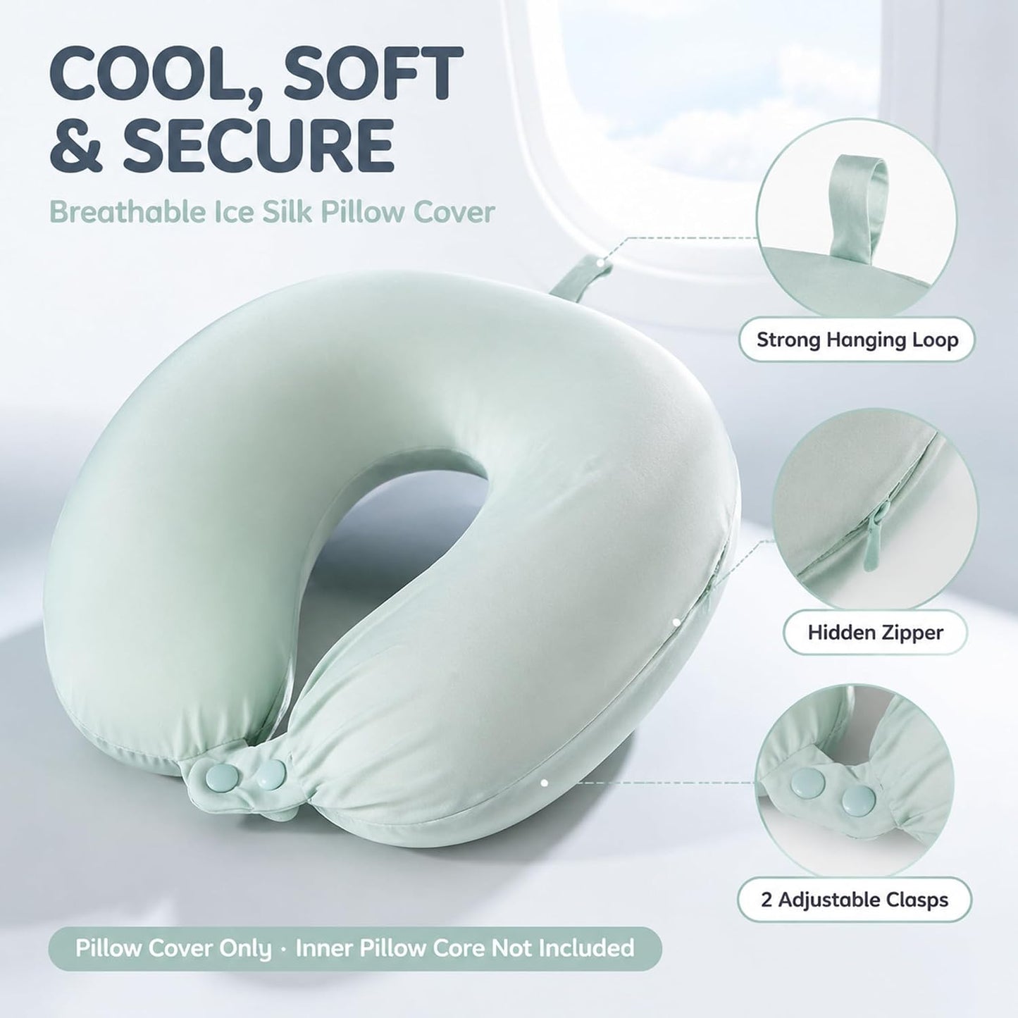 Cool Ice Silk Neck Pillow Cover, Double Snap, Fits U-Shaped Travel Pillows