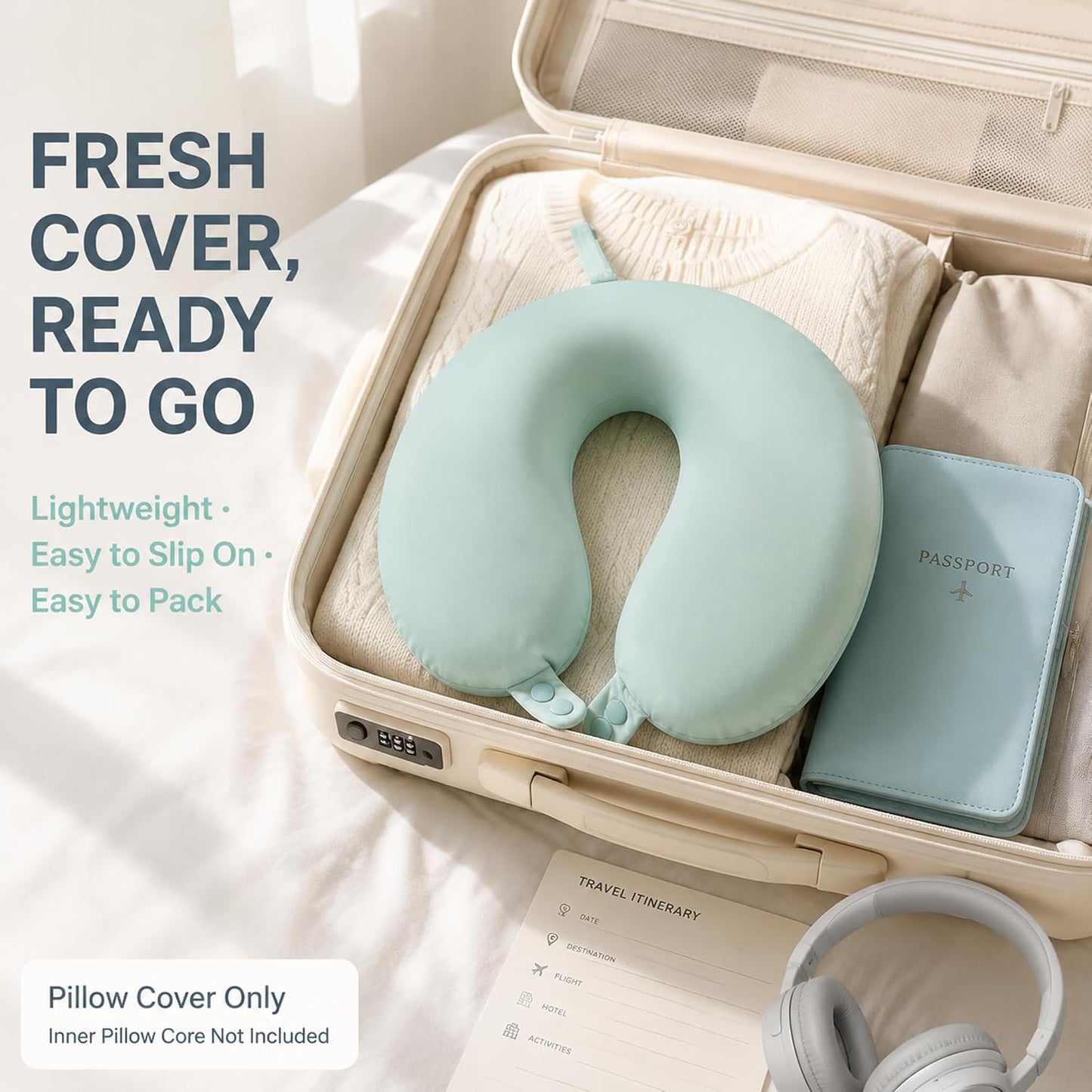 Cool Ice Silk Neck Pillow Cover, Double Snap, Fits U-Shaped Travel Pillows