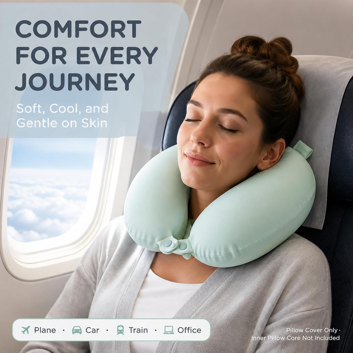 Cool Ice Silk Neck Pillow Cover, Double Snap, Fits U-Shaped Travel Pillows