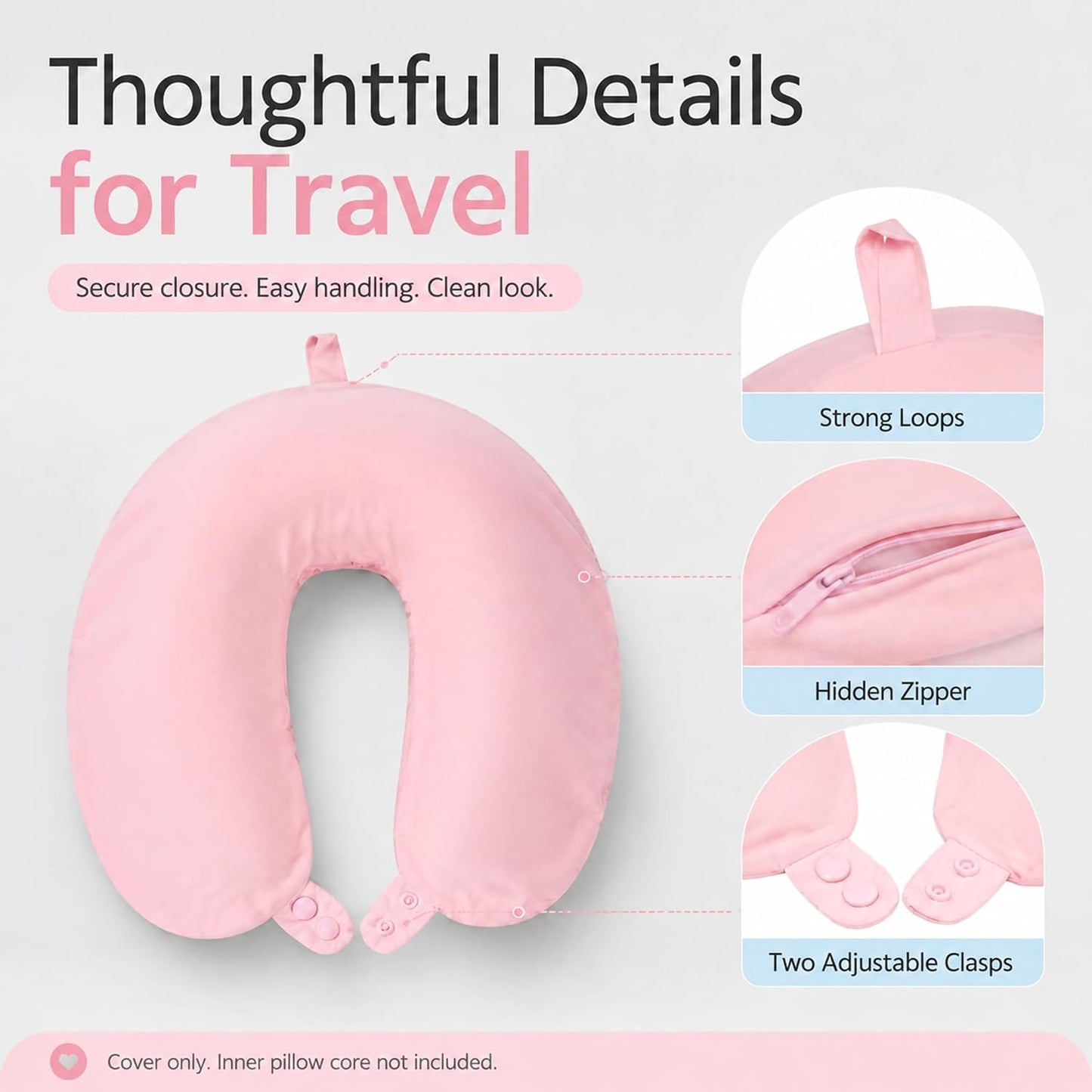 Cool Ice Silk Neck Pillow Cover, Double Snap, Fits U-Shaped Travel Pillows