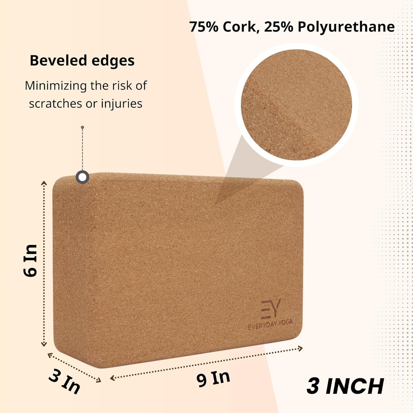 Premium Cork Block - Natural Cork, Improve Strength, Flexibility with Soft Brick Workout Handstand, (Single)
