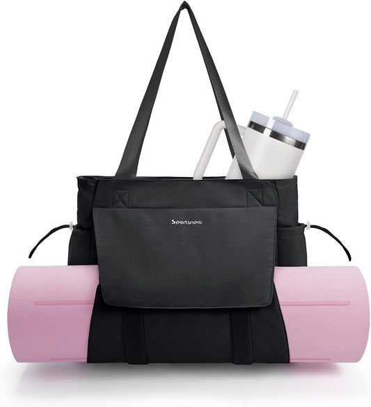 Yoga Mat Bag Waterproof Tote Gym Bag Mat Carrier W/Wet Pocket | hook-and-loop mat holder 5s quick access, 40oz handled bottle pocket, wet bag, lightweight waterproof, drawstring pockets,19L