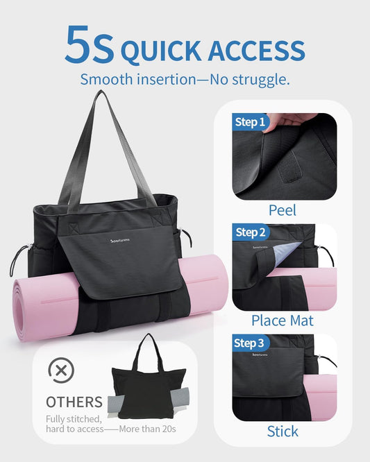 Yoga Mat Bag Waterproof Tote Gym Bag Mat Carrier W/Wet Pocket | hook-and-loop mat holder 5s quick access, 40oz handled bottle pocket, wet bag, lightweight waterproof, drawstring pockets,19L