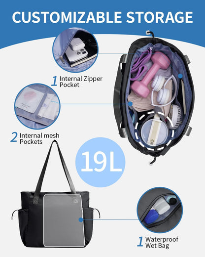 Yoga Mat Bag Waterproof Tote Gym Bag Mat Carrier W/Wet Pocket | hook-and-loop mat holder 5s quick access, 40oz handled bottle pocket, wet bag, lightweight waterproof, drawstring pockets,19L