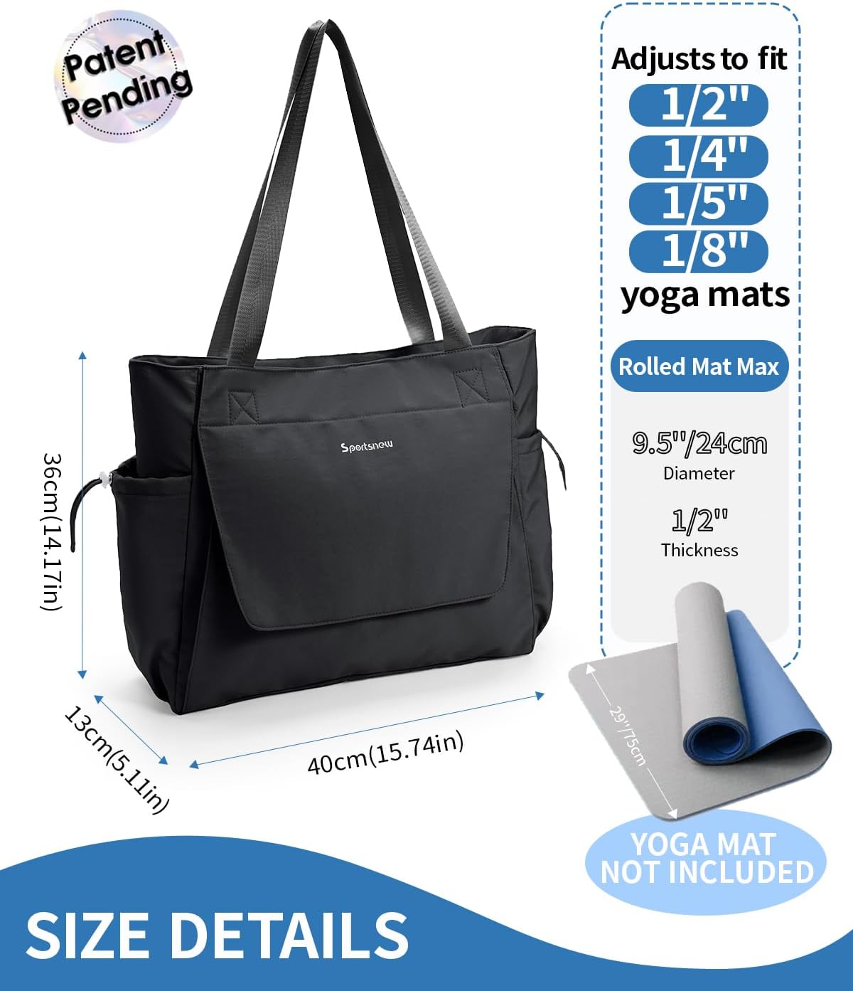 Yoga Mat Bag Waterproof Tote Gym Bag Mat Carrier W/Wet Pocket | hook-and-loop mat holder 5s quick access, 40oz handled bottle pocket, wet bag, lightweight waterproof, drawstring pockets,19L