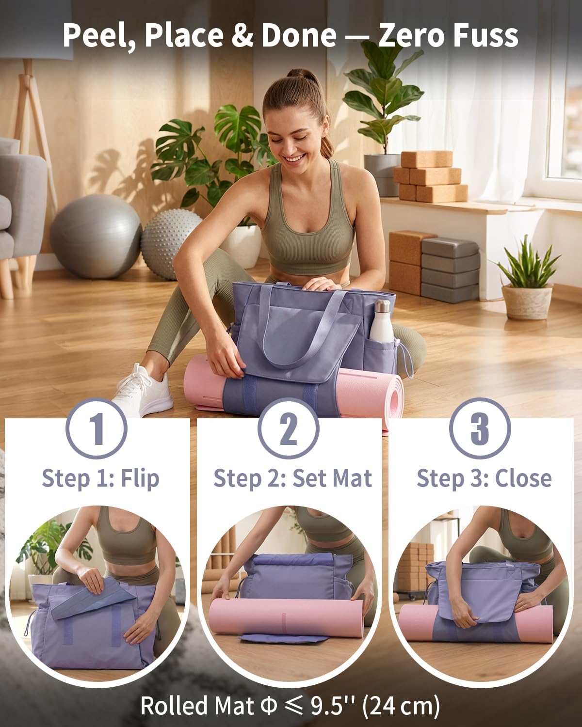 Yoga Mat Bag Waterproof Tote Gym Bag Mat Carrier W/Wet Pocket | hook-and-loop mat holder 5s quick access, 40oz handled bottle pocket, wet bag, lightweight waterproof, drawstring pockets,19L