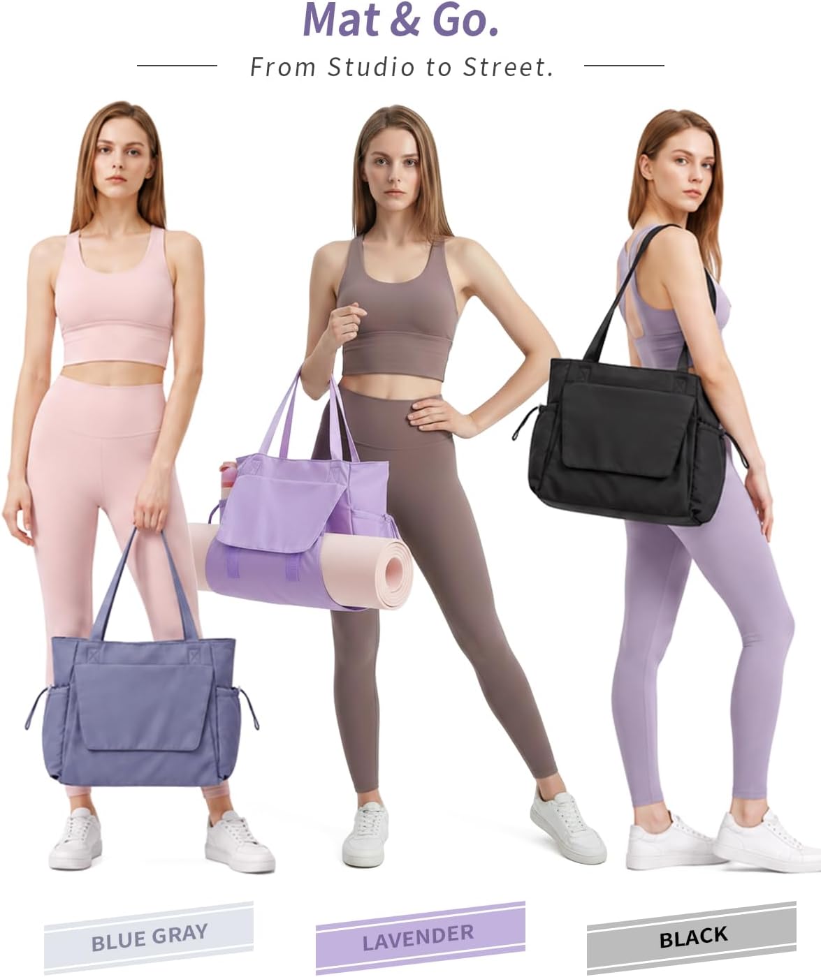 Yoga Mat Bag Waterproof Tote Gym Bag Mat Carrier W/Wet Pocket | hook-and-loop mat holder 5s quick access, 40oz handled bottle pocket, wet bag, lightweight waterproof, drawstring pockets,19L