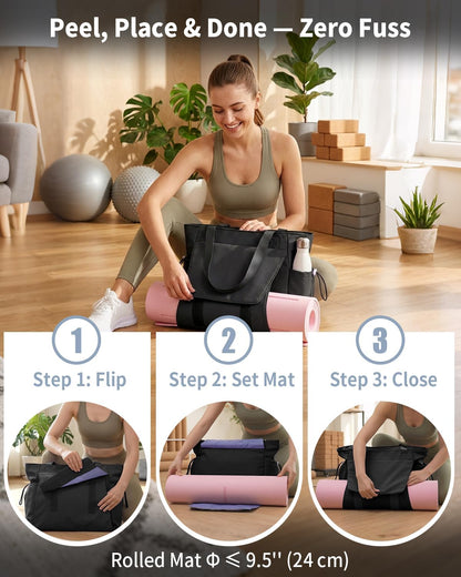 Yoga Mat Bag Waterproof Tote Gym Bag Mat Carrier W/Wet Pocket | hook-and-loop mat holder 5s quick access, 40oz handled bottle pocket, wet bag, lightweight waterproof, drawstring pockets,19L