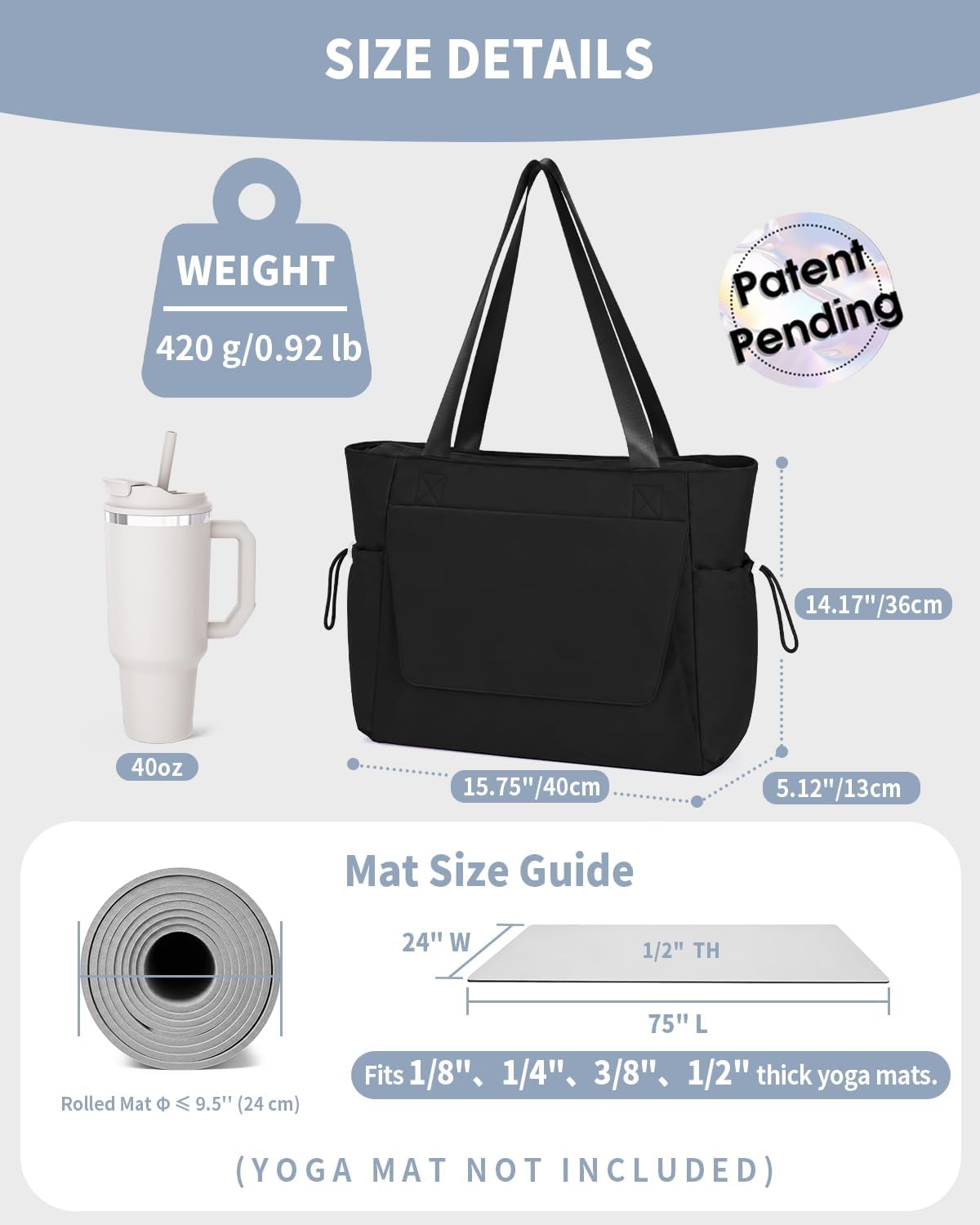 Yoga Mat Bag Waterproof Tote Gym Bag Mat Carrier W/Wet Pocket | hook-and-loop mat holder 5s quick access, 40oz handled bottle pocket, wet bag, lightweight waterproof, drawstring pockets,19L
