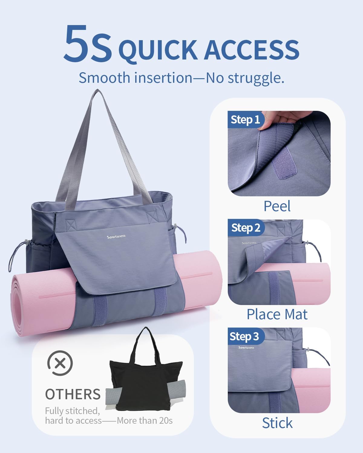 Yoga Mat Bag Waterproof Tote Gym Bag Mat Carrier W/Wet Pocket | hook-and-loop mat holder 5s quick access, 40oz handled bottle pocket, wet bag, lightweight waterproof, drawstring pockets,19L