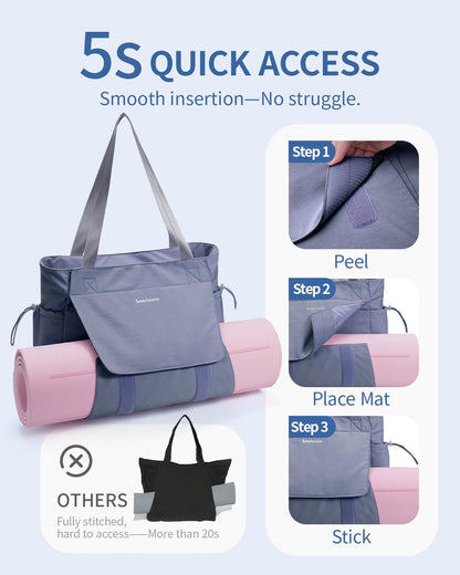 Yoga Mat Bag Waterproof Tote Gym Bag Mat Carrier W/Wet Pocket | hook-and-loop mat holder 5s quick access, 40oz handled bottle pocket, wet bag, lightweight waterproof, drawstring pockets,19L